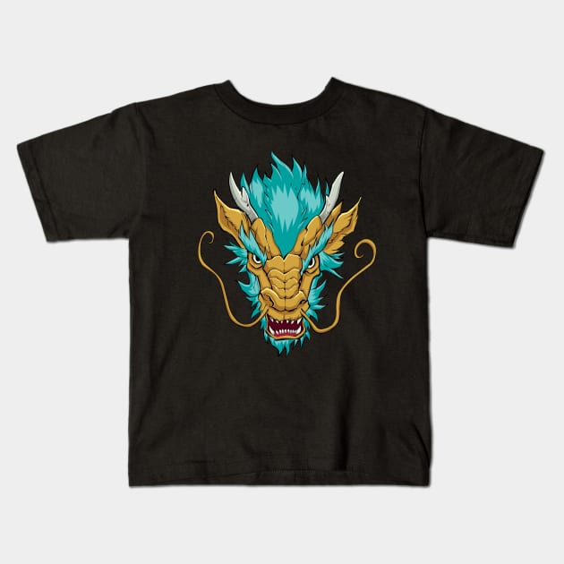 Chinese Dragon Head Gold Kids T-Shirt by Malchev